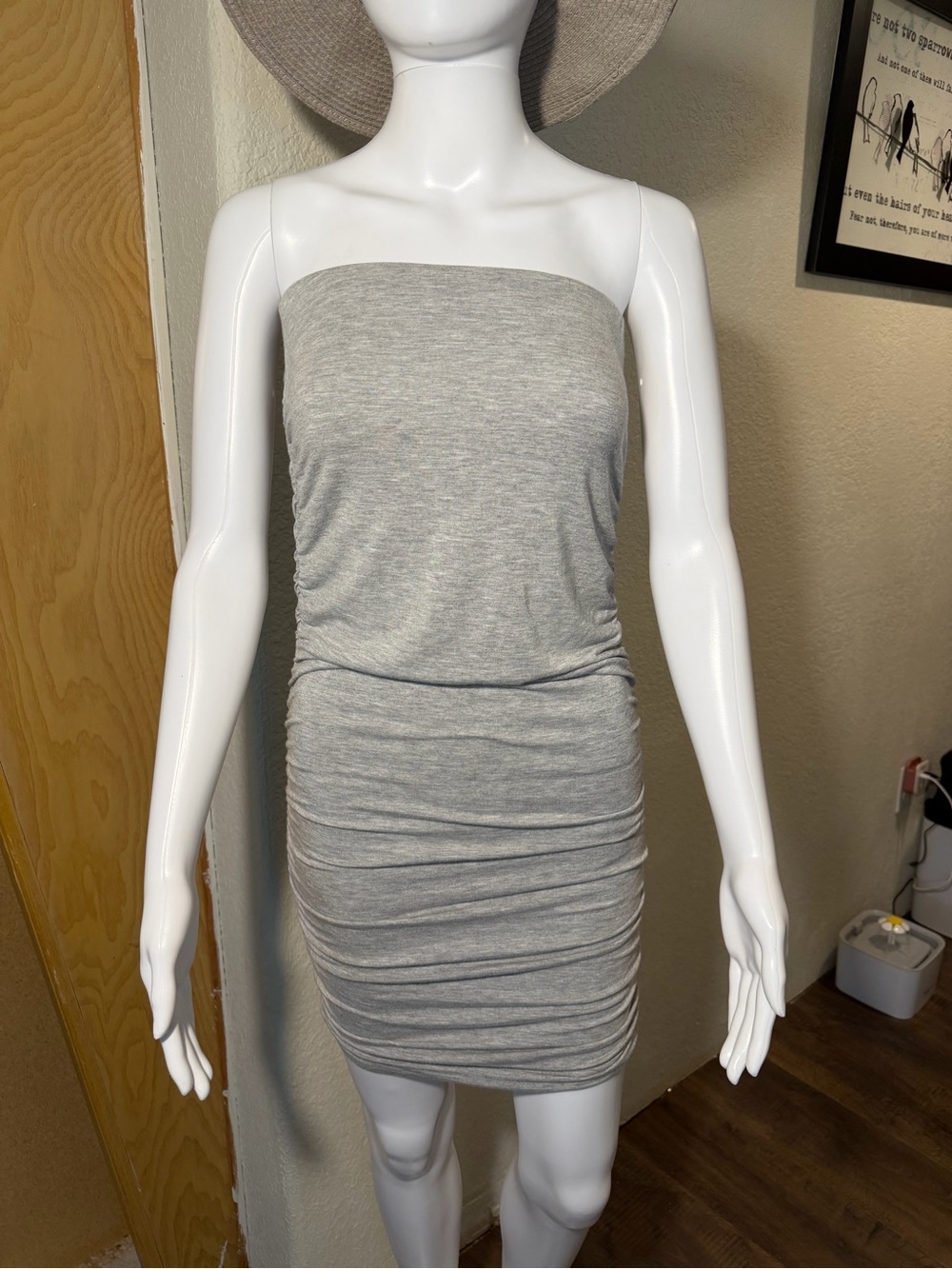 Socialite grey strapless bodycon dress with ruched detailing. Size S